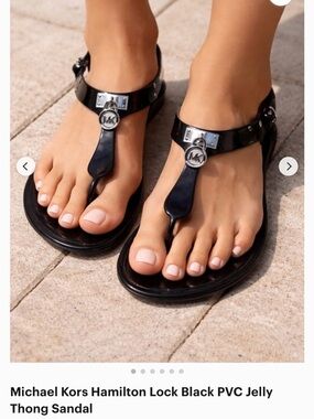 Michael Kors Plato Logo stud Black PVC T-Strap Jelly Sandals with MK Medallion